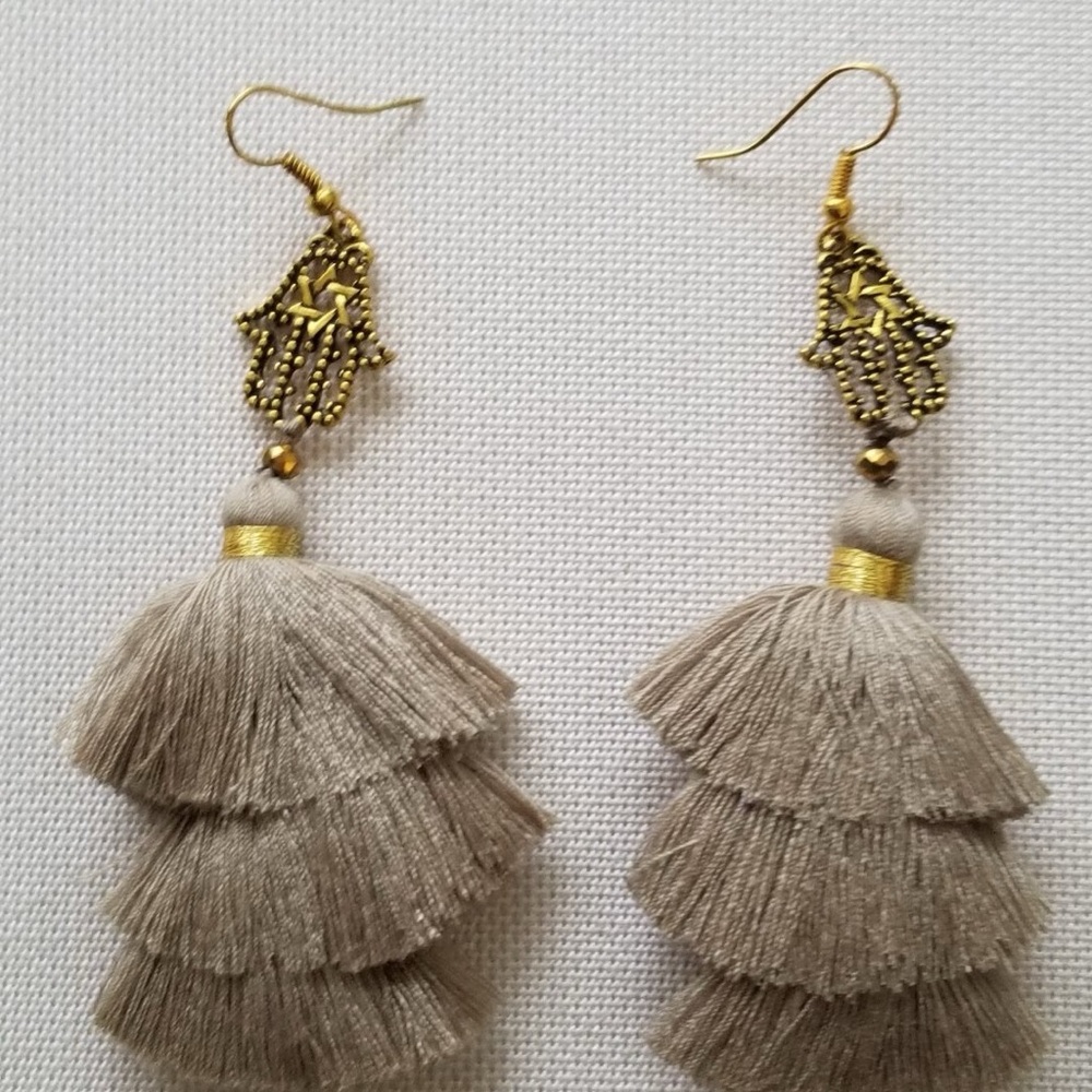 New Hamsa Hand & Star of David Earrings – Gold Finish with Long Tan Tassel